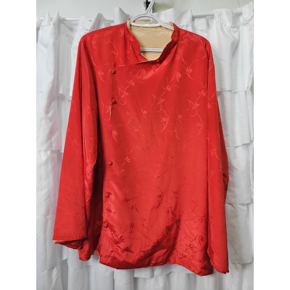 Vintage Red Silk Tang Jacket Floral Jacquard Mandarin Collar Frog Button XL 523